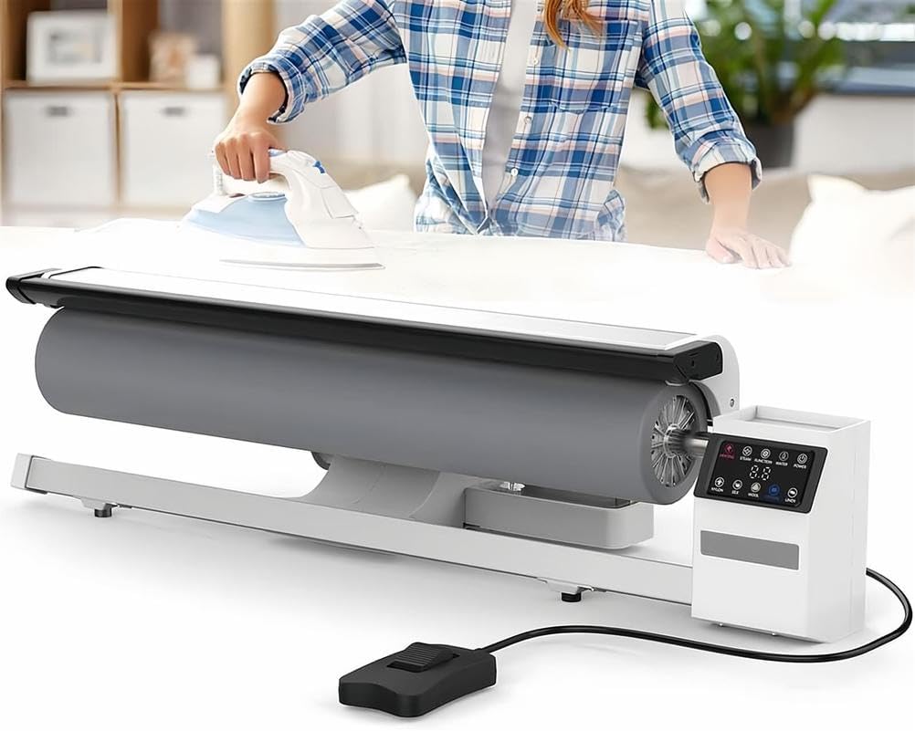 Cette repasseuse a rouleau propose une commande au pied avec un reglage de temperature
